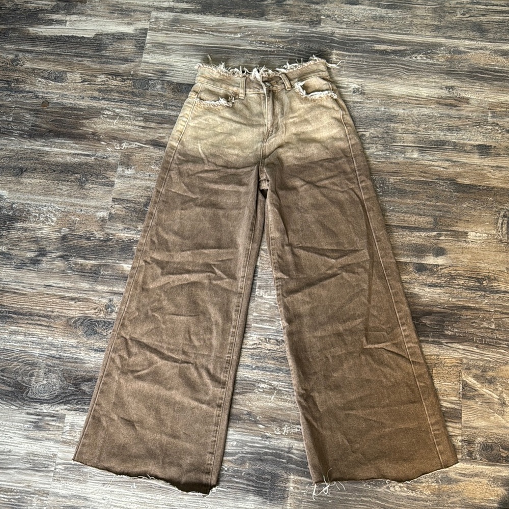 Distressed Brown Wide-Leg Jeans